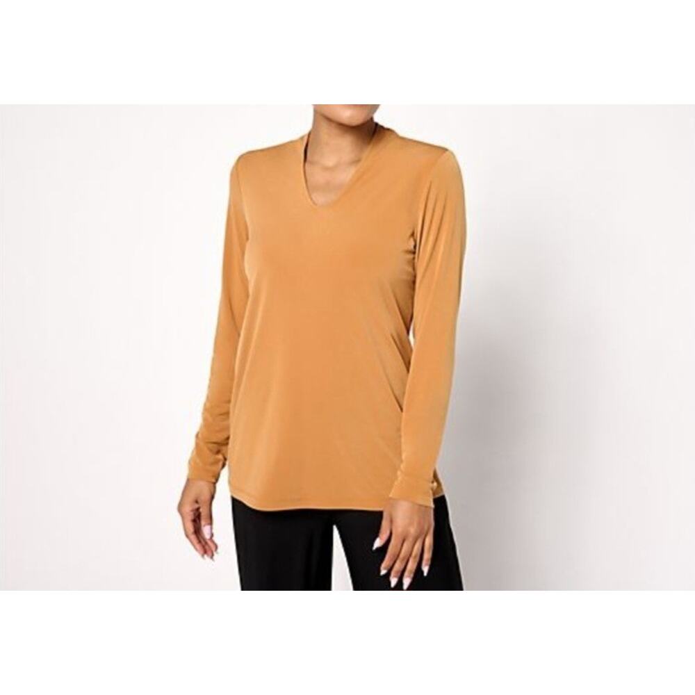 Susan Graver Size XL Rich Gold Liquid Knit Voop Neck Top A672463 NWOT